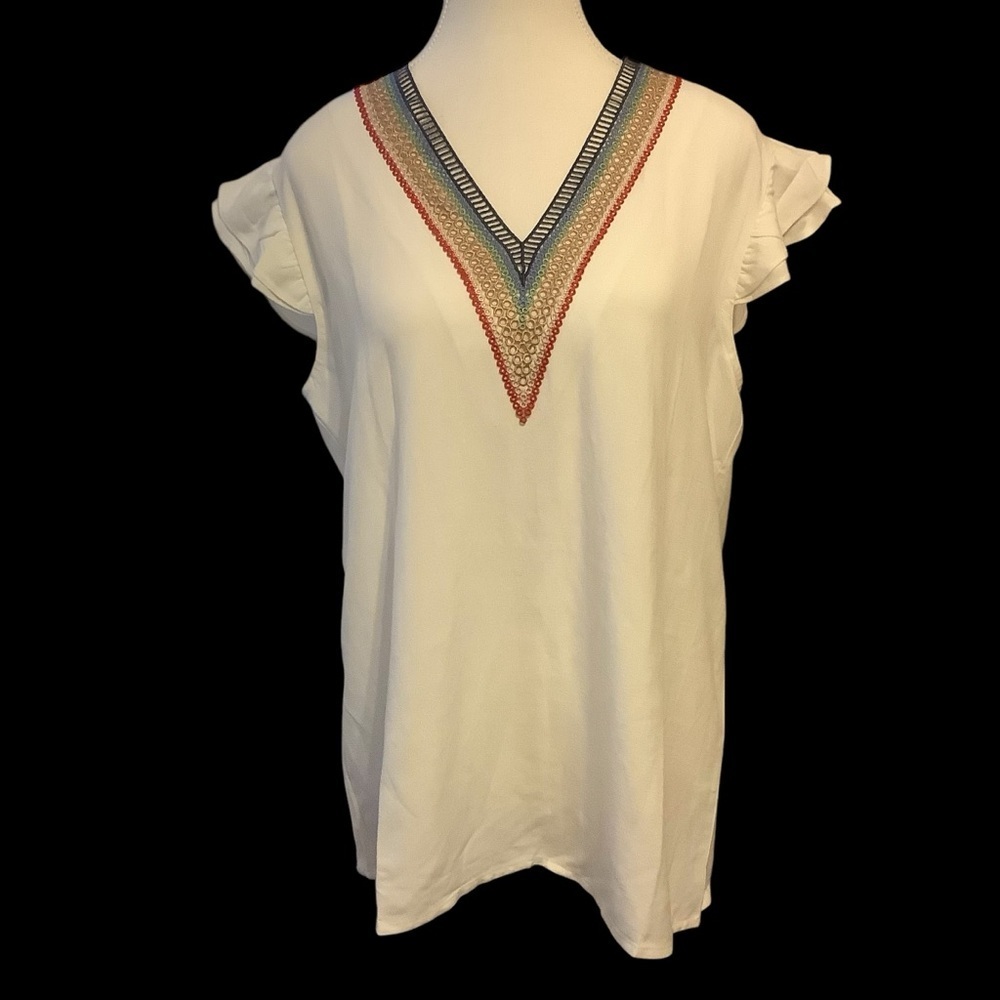 SHALL WE WHITE LINEN BLEND/ V-NECK/ RUFFLED SHORT SLEEVE BLOUSE/ NWT/Size L